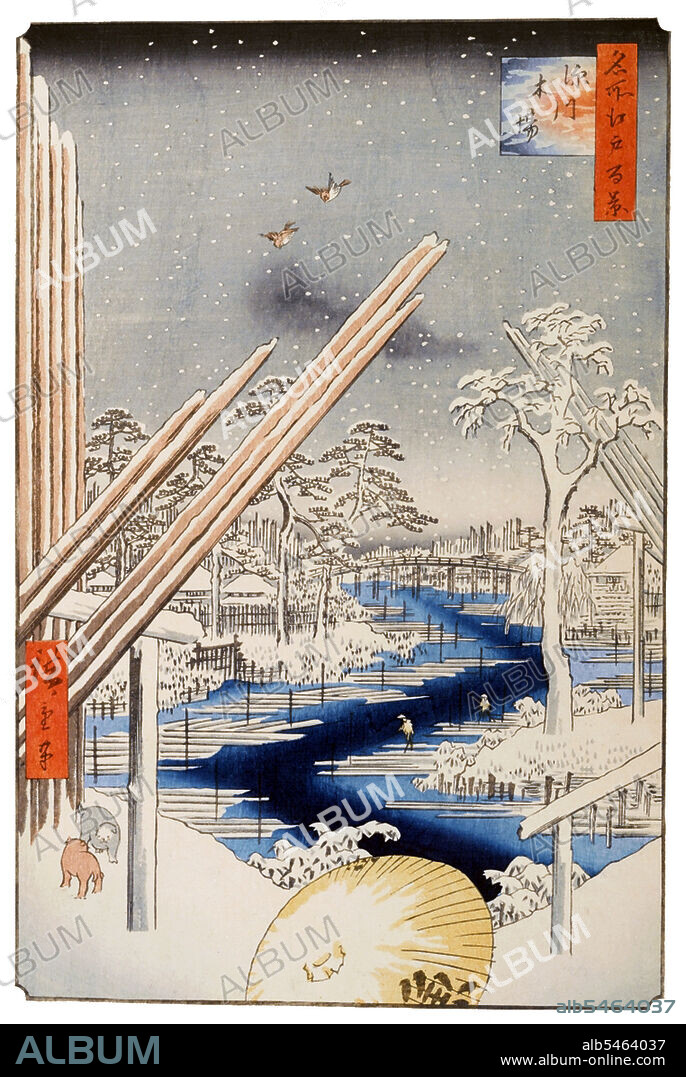 Hiroshige's One Hundred Famous Views of Edo, actually composed of 118 woodblock landscape and genre scenes of mid-19th century Tokyo, is one of the greatest achievements of Japanese art. The series includes many of Hiroshige's most famous prints. It represents a celebration of the style and world of Japan's finest cultural flowering at the end of the Tokugawa Shogunate. The winter group, numbers 99 through 118, begins with a scene of Kinryuzan Temple at Akasaka, with a red-on-white color scheme that is reserved for propitious occasions. Snow immediately signals the season and is depicted with particular skill: individual snowflakes drift through the gray sky, while below, on the roof of a distant temple, dots of snow are embossed for visual effect. Utagawa Hiroshige (1797 October 12, 1858) was a Japanese ukiyo-e artist, and one of the last great artists in that tradition. He was also referred to as Andi Hiroshige (an irregular combination of family name and art name) and by the art name of Ichiyusai Hiroshige.