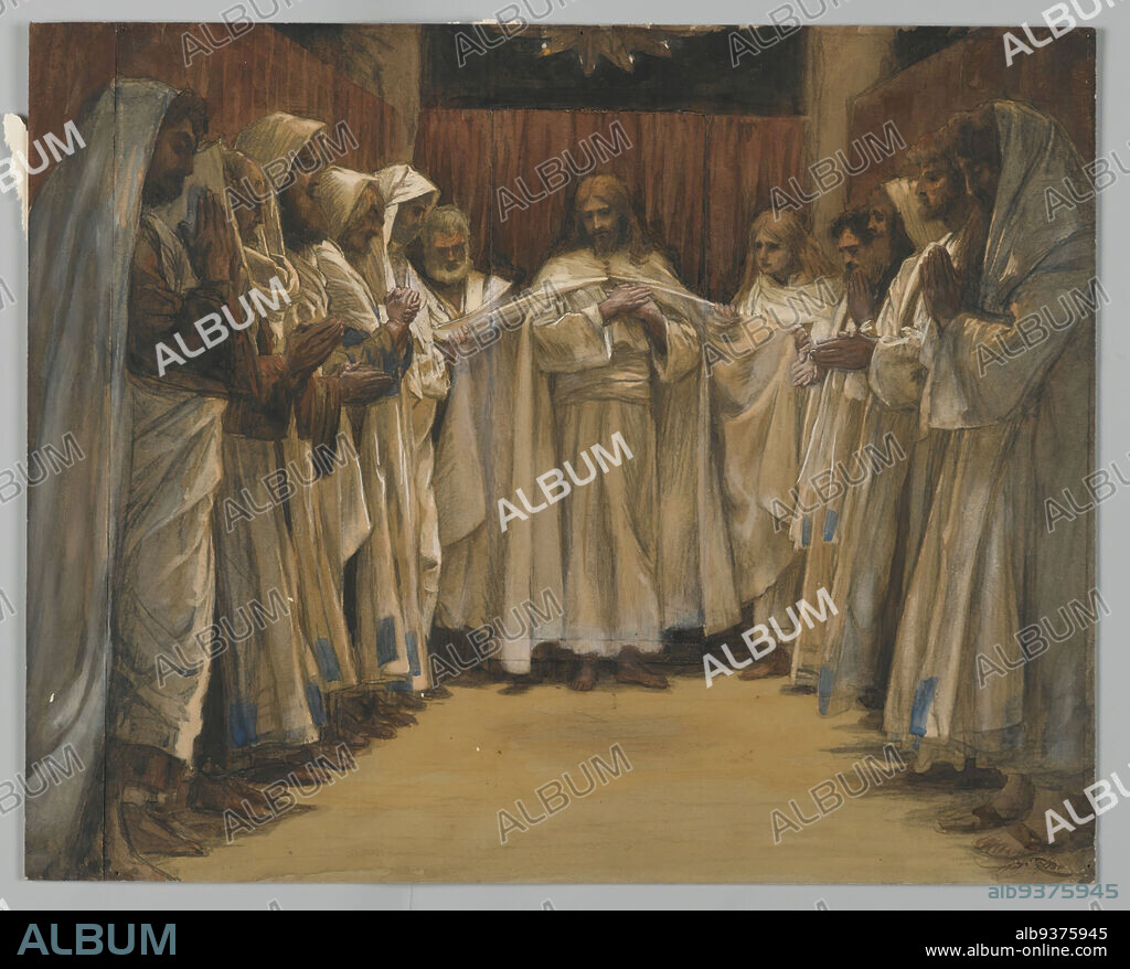 The Last Sermon of Our Lord, Dernier Sermon de Notre-Seigneur, The Life of Our Lord Jesus Christ, La Vie de Notre-Seigneur Jésus-Christ, James Tissot, French, 1836-1902, Opaque watercolor over graphite on gray wove paper, France, 1886-1894, Image: 9 1/4 x 11 9/16 in., 23.5 x 29.4 cm, apostle, apostles, christ, disciple, disciples, gathering, heals, Jesus, John 13:31-35, John 14:1-4, male figures, men, prayer, praying, preaching, religious art, ritual, sermon, Tissot, watercolor, white.