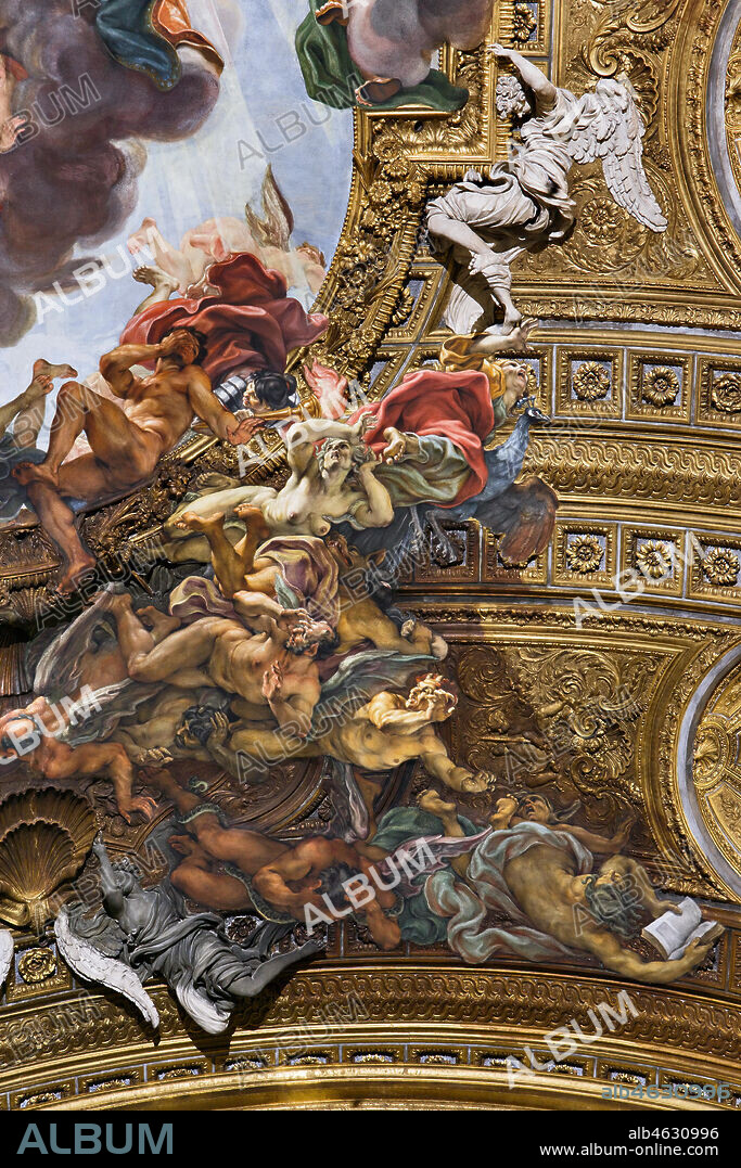 Church of Jesus, the interior: detail of the vault of the nave with "The Triumph in the Name of Jesus", fresco by Giovan Battista Gaulli known as Baciccia, 1679. The golden cornice and the plasters are by Ercole Antonio Raggi.