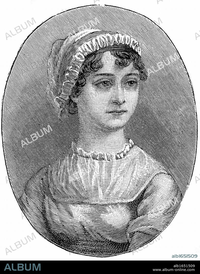 Jane Austen (1775-1817) English novelist remembered for her six great novels Sense and Sensibility, Pride and Prejudice, Mansfield Park, Emma, Persuasion, and Northanger Abbey. Engraving.