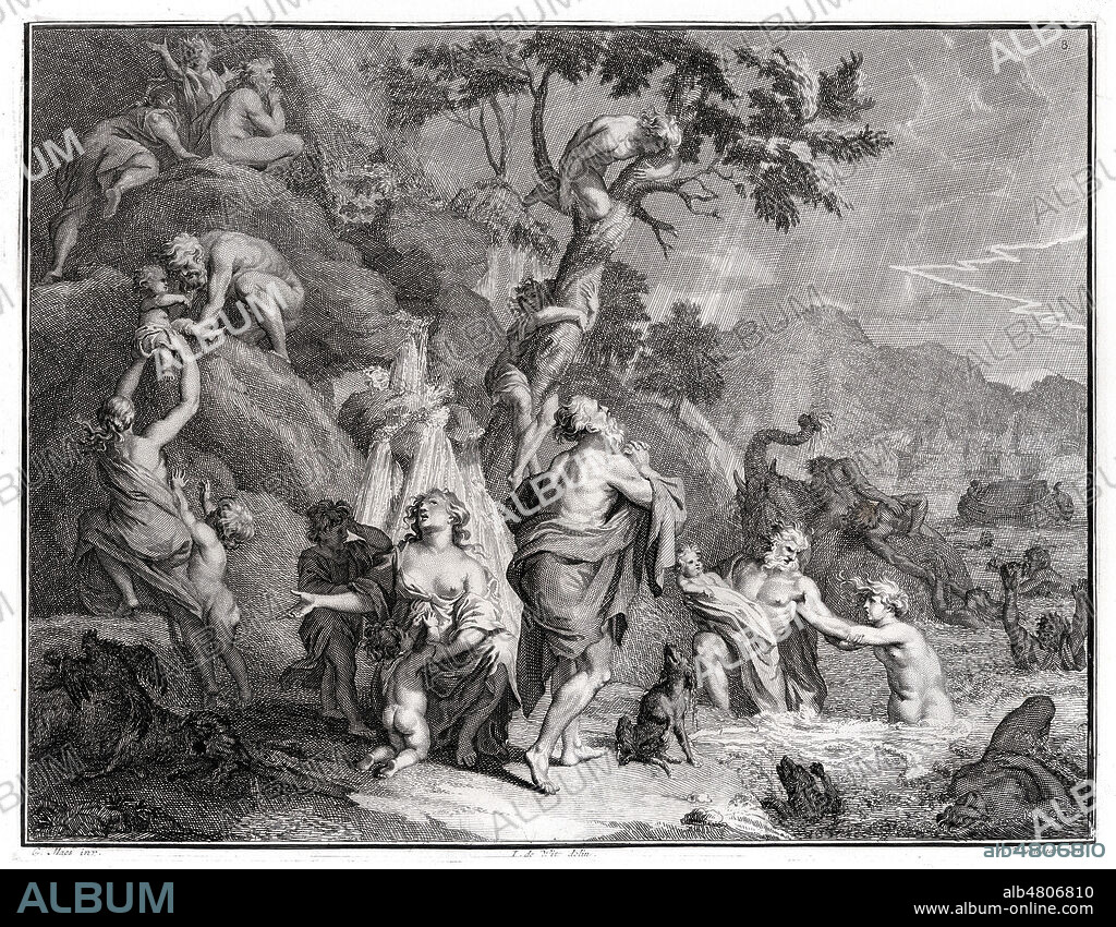 Le DELUGE ou seuls DEUCALION et PYRRHA purent etre sauvegardes apres etre montes dans une barque. Illustration de 1878 par Bernard PICART d'apres Fables choisies d'apres les metamorphoses d'OVIDE (-43 à 18). Credit : Collection Jonas/Kharbine-Tapabor.