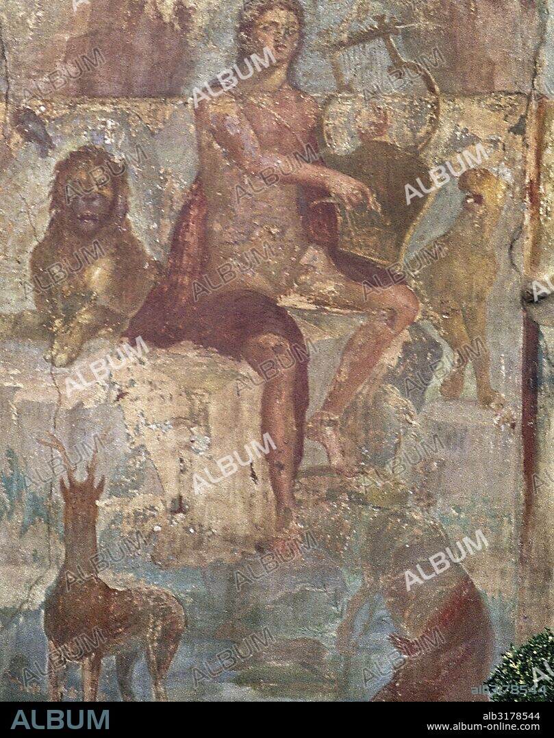 ORFEO. Hijo del rey tracio Eagro y de la musa Calíope. Fue el poeta y músico más legendario de Grecia. Fresco pompeyano donde se representa a ORFEO TOCANDO LA CITARA Y AMANSANDO A LOS ANIMALES. Domus de "VESONIO PRIMO". POMPEYA. La Campania. Italia.