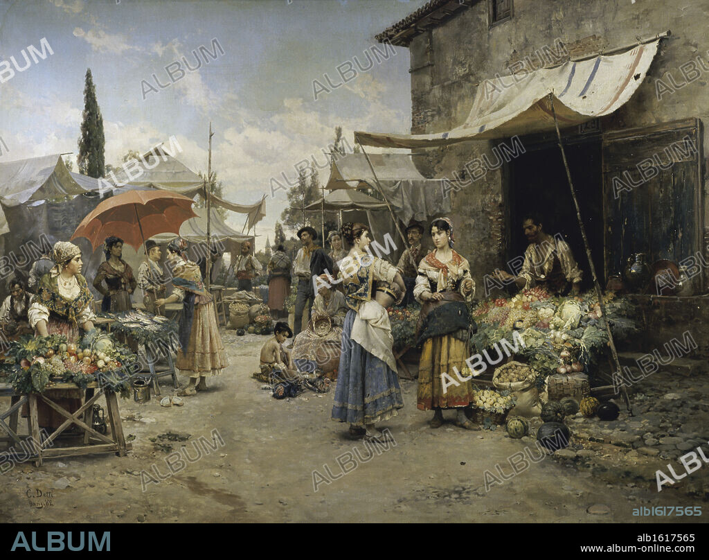 CESARE AGOSTINO DETTI. The Marketplace  1882  Cesare-Auguste Detti (1847-1914/Italian)  Oil on Canvas  David David Gallery, Philadelphia, Pennsylvania, USA.