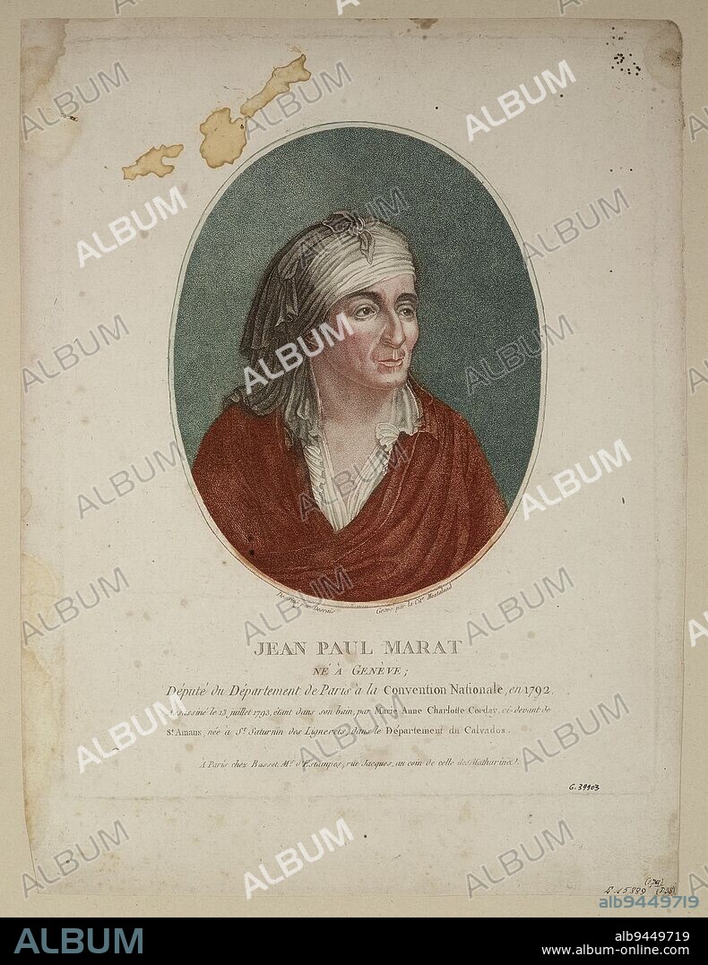 Jean Paul Marat, Montaland, citoyenne (Madame), Engraver, Desrais or Desray, Claude-Louis, Draughtsman, Maison Basset, Publisher, Print, Manuscripts, printed matter, bookbinding, Graphic arts, Book illustration, Pointillé (engraving), Color print, Height: 32.7 cm, Width: 24.3 cm.