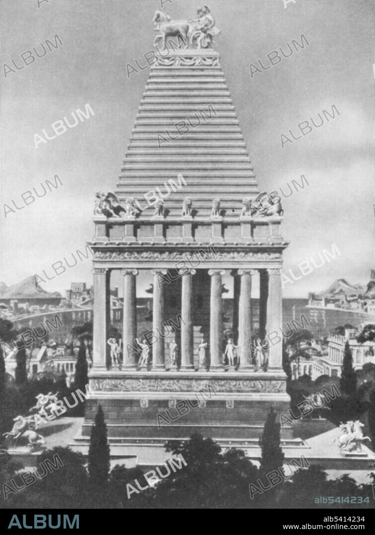 This tomb was built about 350 BC at Halicarnassus for King Mausolus of Caria by his widow, Artemisia. It was one of the seven wonders of the world. Designed by the architect and sculptor Pythis, it was richly adorned by Scopas and other noted sculptors. So great was the fame of this tomb that to our own day all large and imposing burial places are called 'mausoleums' after the ancient king whose bones rested here. This picture is an ideal restoration from the ruins.