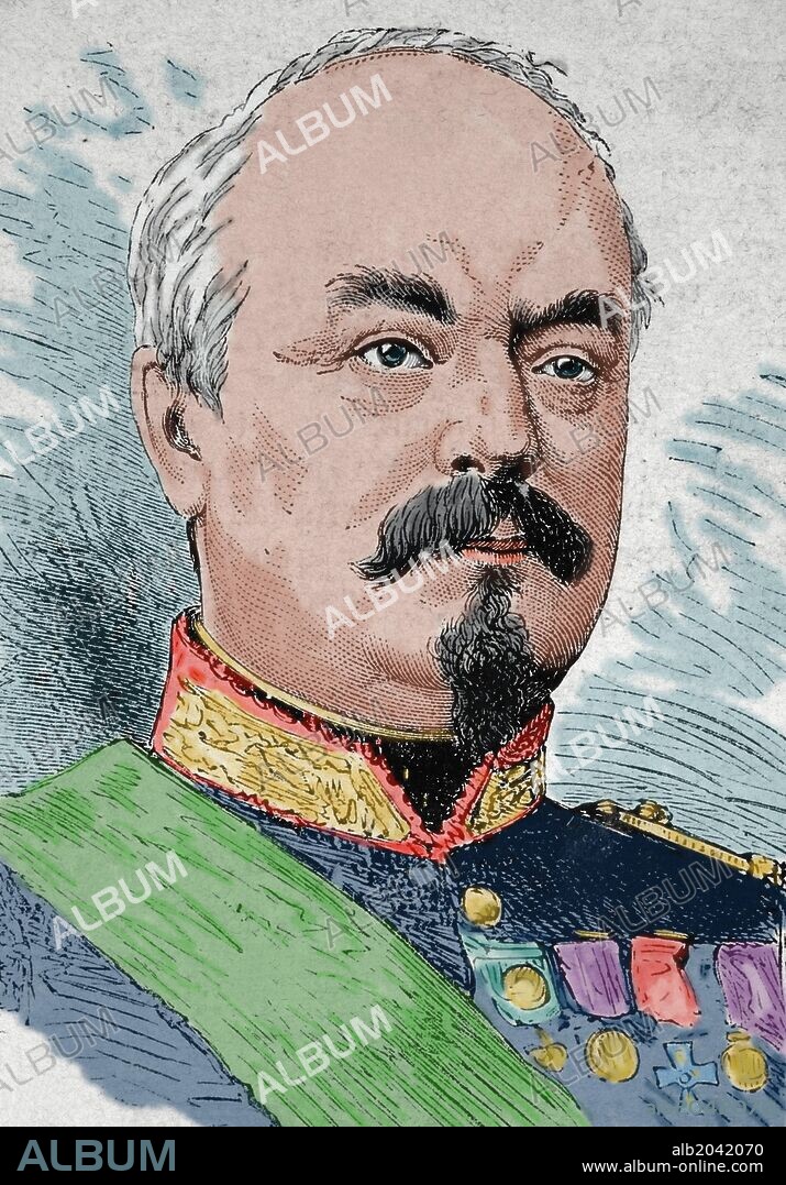 François Achille Bazaine (1811-1888). Mariscal de Francia. Sirvió en la Guerra de Argelia, en la Guerra de Crimea y en la Segunda Intervención Francesa en México. Conocido por su fracaso como comandante y por haber contribuido a la derrota francesa en la Guerra franco-prusiana de 1870. Grabado coloreado. "La Ilustración Española y Americana", año 1870.