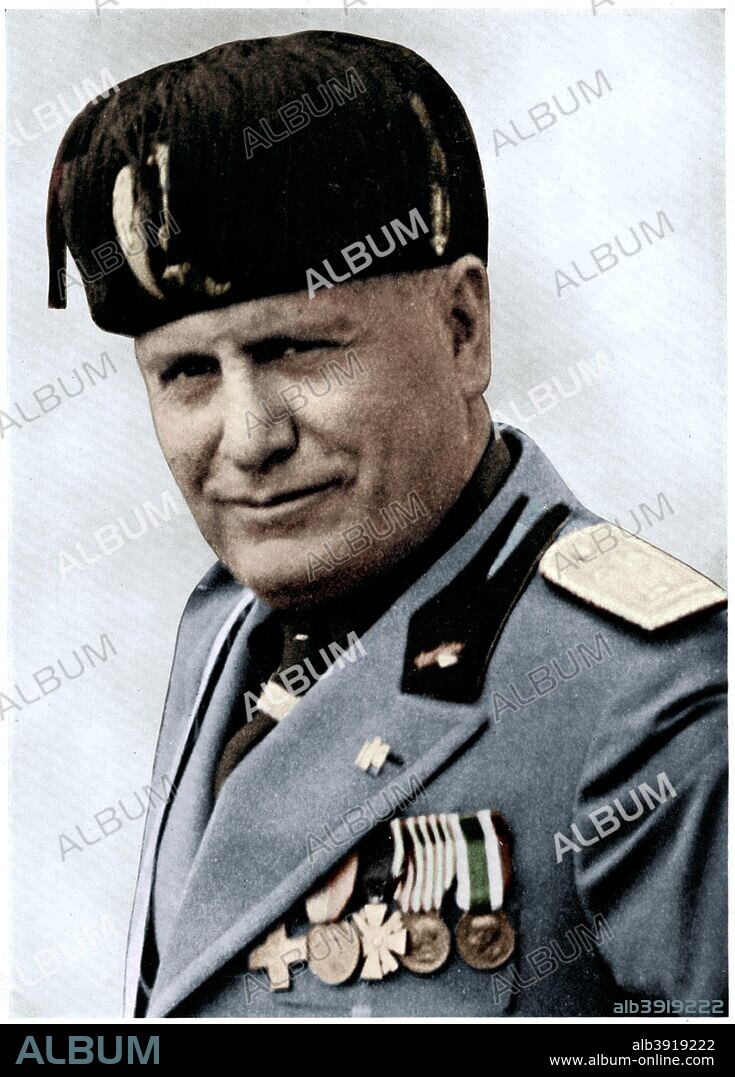 Benito Mussolini, Italian fascist dictator, 20th century. (Colourised black and white print).