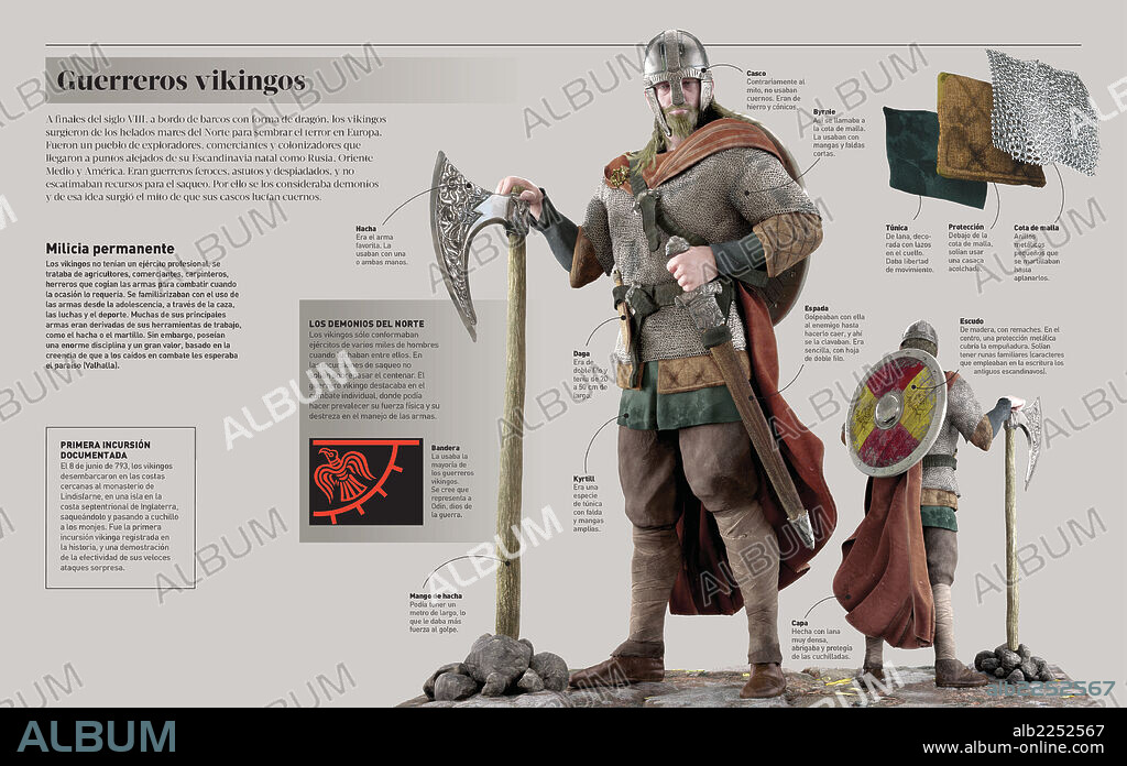guerreros vikingos. Infografía sobre las armas y la fuerza de ataque de los guerreros vikingos a finales del siglo VIII, que sin ser un ejército profesional, sí que destacaban por ser disciplinados y despiadados.