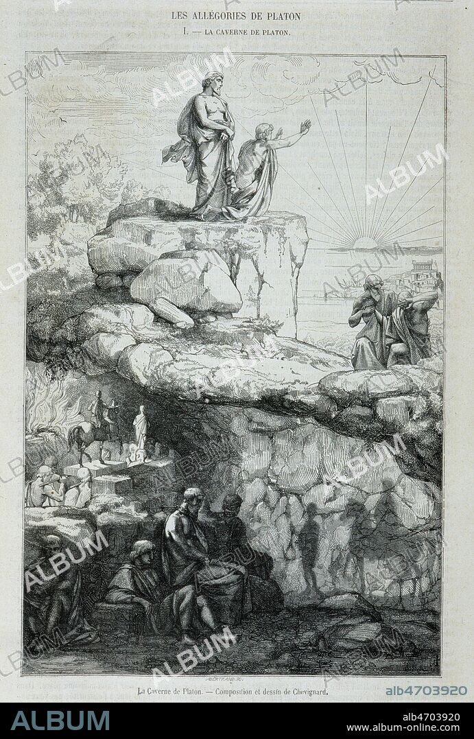 L'allegorie de la CAVERNE expliquee par PLATON dans son Livre, Livre VII sude la Republique: les personnages prisonniers de leur maison souterraine tournent le dos à la sortie et ne voient que leurs propres ombres projetees et celles des objets se situant derriere eux, comme des reves, representant la difficulte d'atteindre la connaissance, la vérité, la réalité... La caverne de Platon, gravure de Chevignard dans le Magasin pittoresque de 1855. Collection Kharbine-Tapabor.
