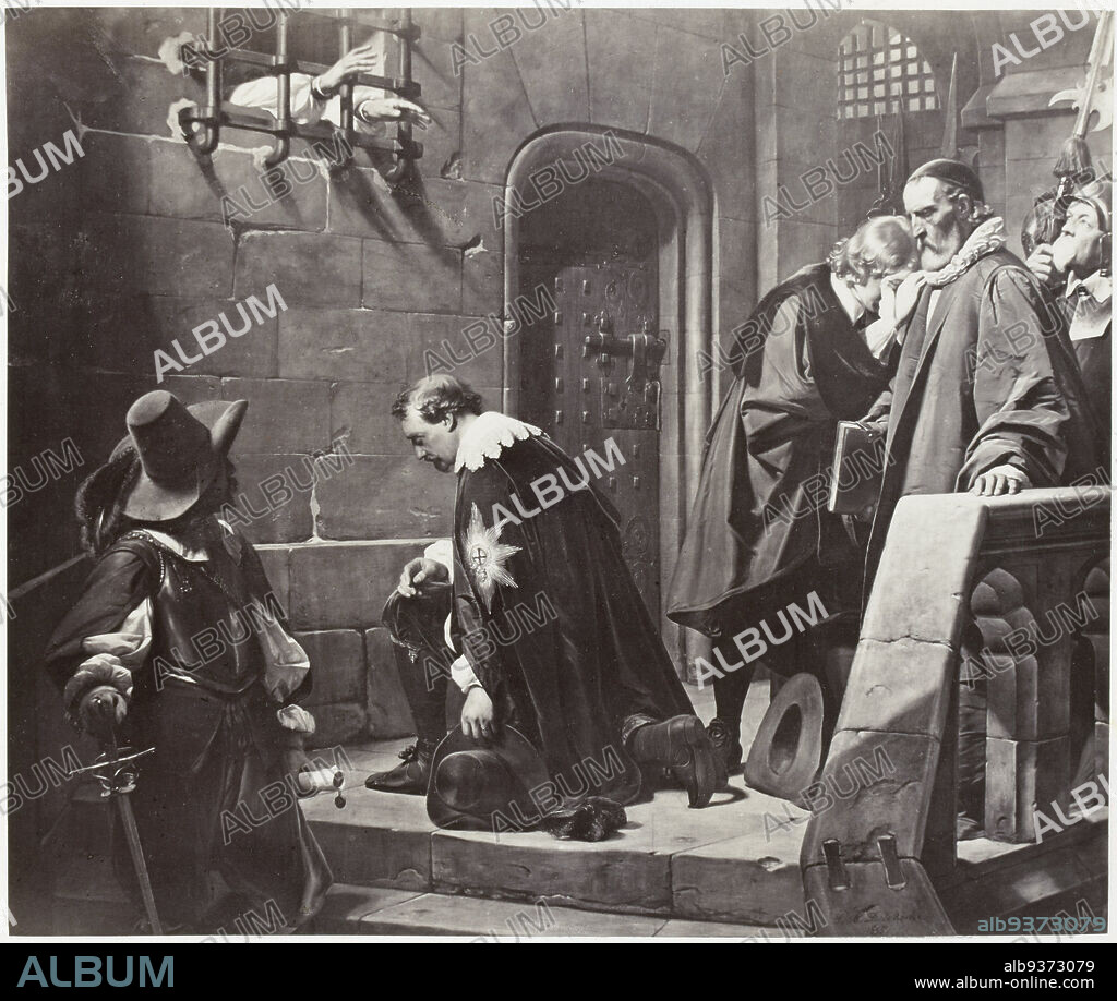 Photoreproduction of a painting of Thomas Wentworth, Earl of Strafford, in the Tower of London by Paul Delaroche, Strafford (title on object), Robert Jefferson Bingham (mentioned on object), after: Paul Delaroche (mentioned on object), Paris, c. 1853 - in or before 1858, paper, albumen print, engraving, height 175 mm × width 208 mmheight 255 mm × width 268 mm.