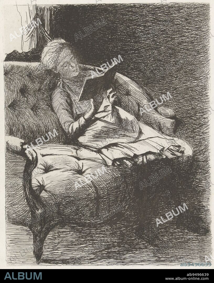 Reading girl on a sofa, print maker: Bramine Hubrecht, unknown, 1870 - 1913, paper, etching, h 317 mm × w 242 mm.