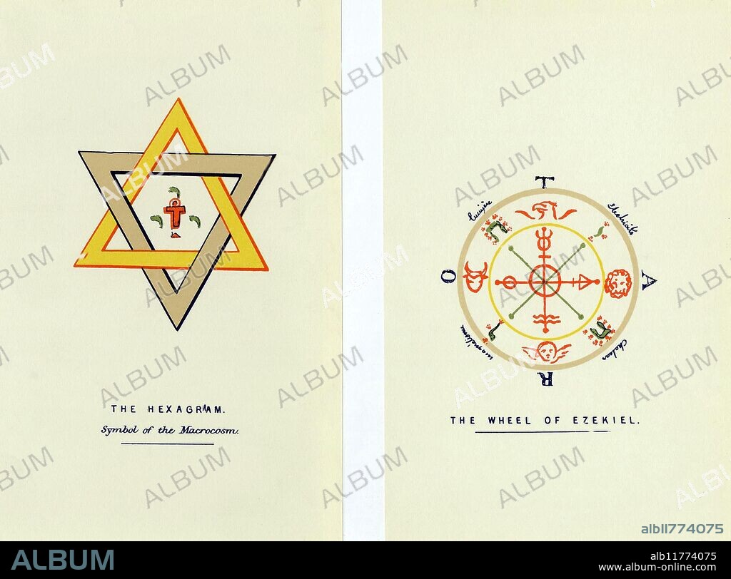 MAGIC SYMBOLS - THE HEXAGRAM AND THE EZEKIEL WHEEL. Magic symbols drawn up with specific reference to a study of the secret design of the Tarot deck. [Left] The Hexagram, symbol of the Macrocosm, sometimes called The Seal of Solomon. The yellow-red triangle represents the upward striving mingling and intersecting with the downward-direction of the other triangle. It is the meeting of the two triads - one is the supernatural Trinity, the other the three-fold man (the Man of Thinking, Feeling and Willing): in magical terms, this is the meeting of the Macrocosm and the Microcosm. In the centre of the figure is the Tau cross, and three Hebrew letters - the yod. [Right] The Wheel of Ezekiel, as visualised by Eliphas Levi: the four letters on the outer periphery spell either ROTA or TAROT, which ae related in an occult sense. The outer concentric contains the four emblems of the fixed signs of the zodiac and of the four Evangelists, interspersed with the four Hebrew letters of the Tetragrammaton (four-lettered name of God). The inner circle contains a fourfold symbol comprising a cross, the top marked with the sigil for Mercury, the left marked with the sigil for Salt, and the right marked with the sigil for Sulphur (these three represent the Three Principles within the human being). The bottom line of the cross is marked with the sigil for Aquarius - the 'human' Age to come. The two designs are lithographic facsimiles of drawings done by the French occultist, Eliphas Lévi, in W. Wynn Westcott, The Magical Ritual of the Sanctum Regnum, 1896.
