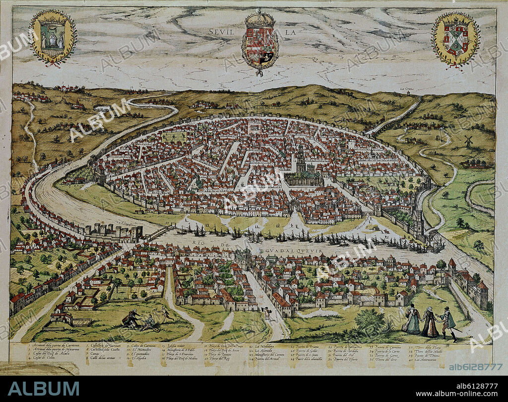 GEORG BRAUN 1541-1622 / FRANS HOGENBERG. CIVITATES ORBIS TERRARUM - VISTA DE SEVILLA - GRABADO DE 1582 -  SIG-1-1174.