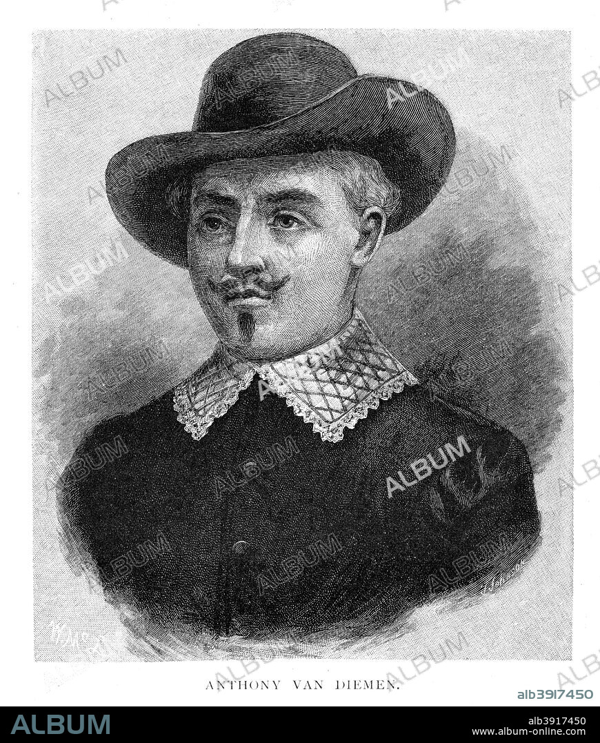 Anthony van Diemen, Dutch colonial governor, (1886). Van Diemen (1593-1645) was Governer-General of the Dutch East Indies from 1636 and sponsored the exploration of the oceans to the south of Indonesia. Tasmania was named after him by Abel Tasman when he discovered it in 1642. Wood engraving from 'Picturesque Atlas of Australasia, Vol II', by Andrew Garran, illustrated under the supervision of Frederic B Schell, (Picturesque Atlas Publishing Co, 1886).