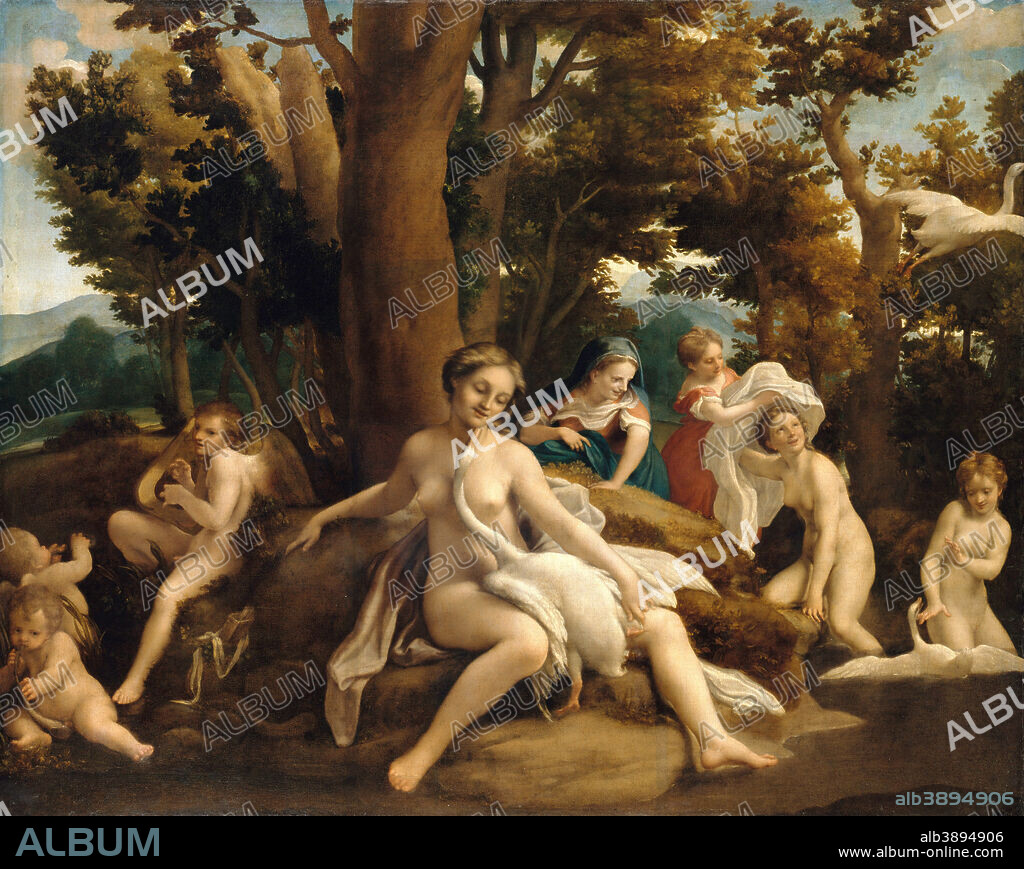CORREGGIO. Leda and the Swan. Date/Period: Ca. 1532. Painting. Oil on canvas. Height: 156.2 cm (61.4 in); Width: 195.3 cm (76.8 in).