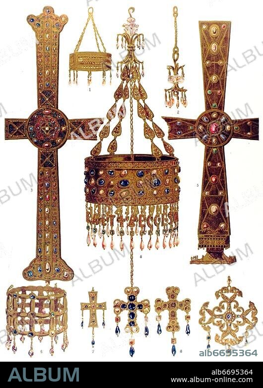 Das spätklassische germanische Ornament, Schatz von Guarrazar. (Monumentes de Espaza.), Figur 1 Votivkrone vom Abt Theodosius in Guarrazar, - Figur 2 Aufhänger für eine Votivkrone. - Figur 3 Prozessionskreuz, gen. de la Victoria, in der heiligen Kammer der Kathedrale von Oviedo, 9. Jahrhundert. - Figur 4 Votivkrone des Königs Receswint (König von Spanien 649-672) in Guarrazar. - Figur 5 Prozessionskreuz, gen. de los Angeles, in der heiligen Kammer der Kathedrale von Oviedo, 10. Jahrhundert. - Figur 6 Votivkrone. - Figur 7 und 9 Votivkreuze. - Figur 8 Rückseite des Kreuzes von Figur 4.