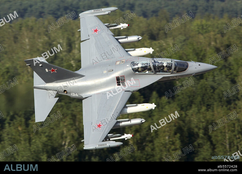 Yak-130 training aircraft taking off during 100th anniversary of the Russian Air Force celebration, Zhukovsky, Russia.