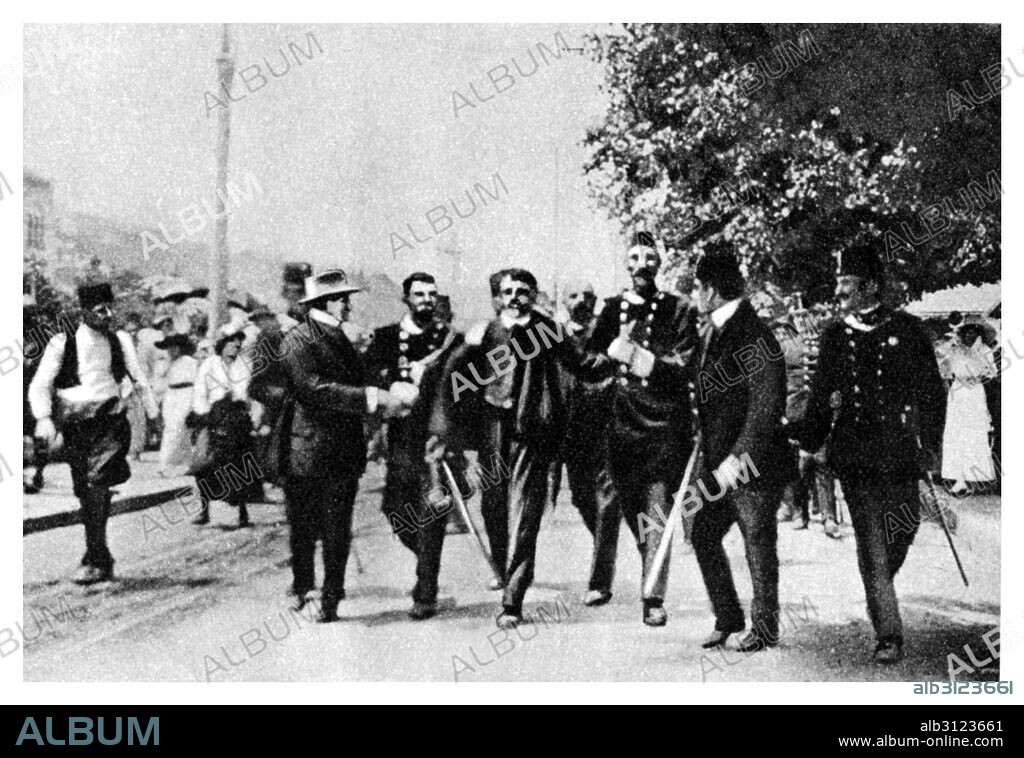 The arrest of gavrilo princip, the Serbian assassin of archduke franz ferdinand of Austria Hungary, in Sarajevo 1914.