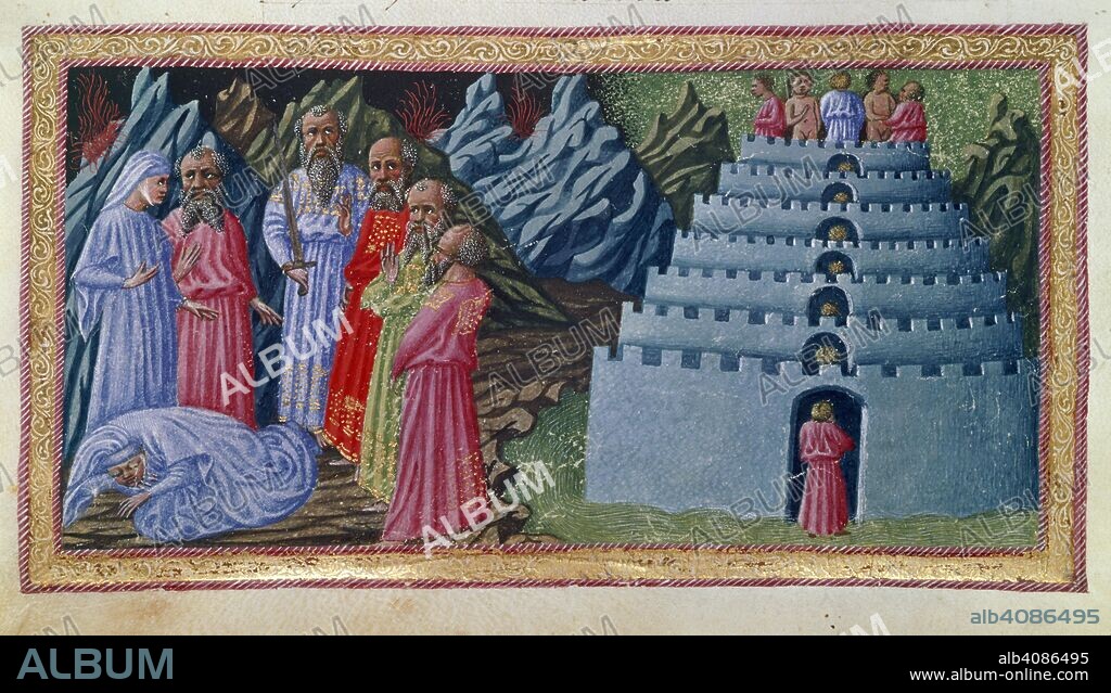 DANTE ALIGHIERI. Virgil introducing Dante to the poets of antiquity, Homer, Horace, Ovid and Lucan, in illustration of Canto IV. Divina Commedia. Italy, N. (Tuscany, Siena?); between 1444 and c. 1450. Source: Yates Thompson 36, f.7v. Language: Italian.