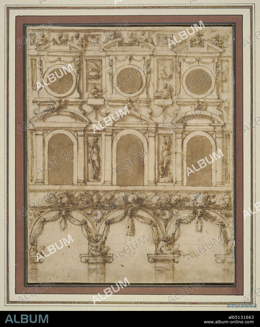 Artist: Giorgio Vasari, Italian, 15111574, Artist, attributed to: Vincenzo Borghini, Italian, 15151580, Design for a temporary decoration of the East wall of the Palazzo Vecchio Courtyard (recto); Partial diagram of a ceiling with circular, square, and rectangular panels (verso), ca. 1565, Pen and brown ink and brown wash, over sketch in black chalk, with the aid of a straight edge, stylus, and compass (recto); pen and brown ink, with the aid of a straight edge (verso), sheet: 24.3 × 19.4 cm (9 9/16 × 7 5/8 in.), Made in Italy, Italian, 16th century, Works on Paper - Drawings and Watercolors.