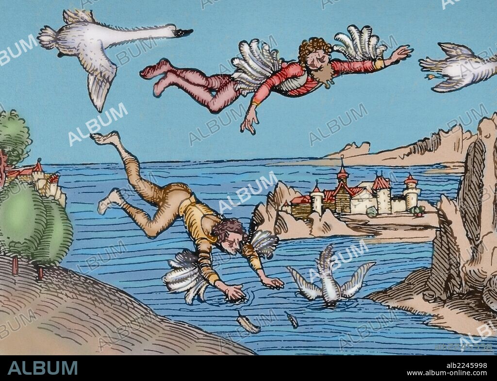 MITOLOGIA GRIEGA. ICARO Y SU PADRE DEDALO VOLANDO. Grabado de Alberto Durero, 1493. Coloreado.