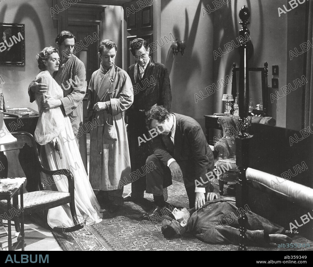 ALAN LADD, BASIL RATHBONE, BRODERICK CRAWFORD and DAME GLADYS COOPER in THE BLACK CAT, 1941, directed by ALBERT S. ROGELL. Copyright UNIVERSAL PICTURES.
