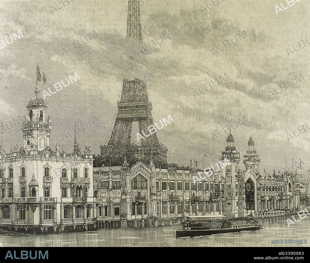 Exposición Universal de París, 1889. Francia. Palacio de Productos Alimenticios, sobre el "Quai d'Orsay". Al fondo, la Torre Eiffel. La Ilustración Española y Americana, 1889.