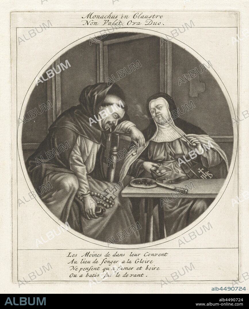 Drunk monk and smoking nun Monachus in Glaustro / Non Valet Ova Duo (title on object) Monks and nuns (series title), A drunk monk and a pipe-smoking nun are sitting at a table. The print is part of a series of six prints with monks and nuns, monk (s), friar (s), monks and nuns, drunkenness, pipe, tobacco, Cornelis Dusart, Haarlem, 1670 - 1704, paper, engraving, h 186 mm × w 152 mm.