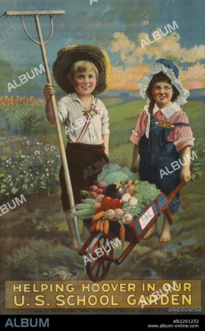 public service poster showing two bare-foot children with a wheelbarrow full of vegetables.