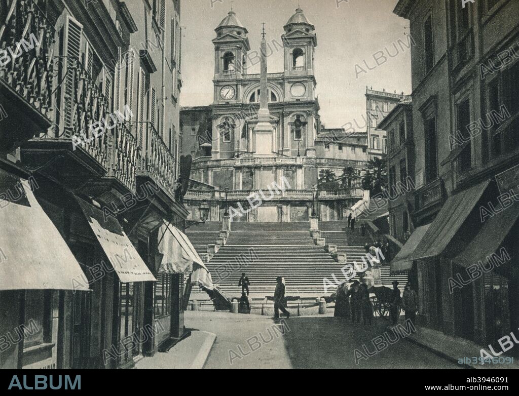 Spanish Steps and Trinita dei Monti Church, Rome, Italy, 1927. The Renaissance church was consecrated in 1585 by Pope Sixtus V. From Italien in Bildern, by Eugen Poppel [August Scherl, Berlin, 1927].