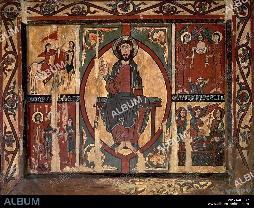ARTE ROMANICO. ESPAÑA. "FRONTAL DE ALTAR DE SANT MARTI DE PUIGBO". Pintura sobre tabla (primer cuarto del siglo XII), 97 x 123 x 6 cm. Procede de la Iglesia parroquial de Sant Martí de Puigbó (comarca de El Ripollès). En los cuatro compartimentos se representan escenas de la vida de SANT MARTI, OBISPO DE TOURS y titular de la iglesia: Sant Martí sobre el caballo se parte su clámide con un pobre, el santo obispo resucita un catecúmen muerto antes de recibir el bautismo, escena de la muerte del santo, y dos ángeles trasladan el alma del santo al cielo. Museu Episcopal de Vic. Provincia de Barcelona. Comarca de Osona. Cataluña.
