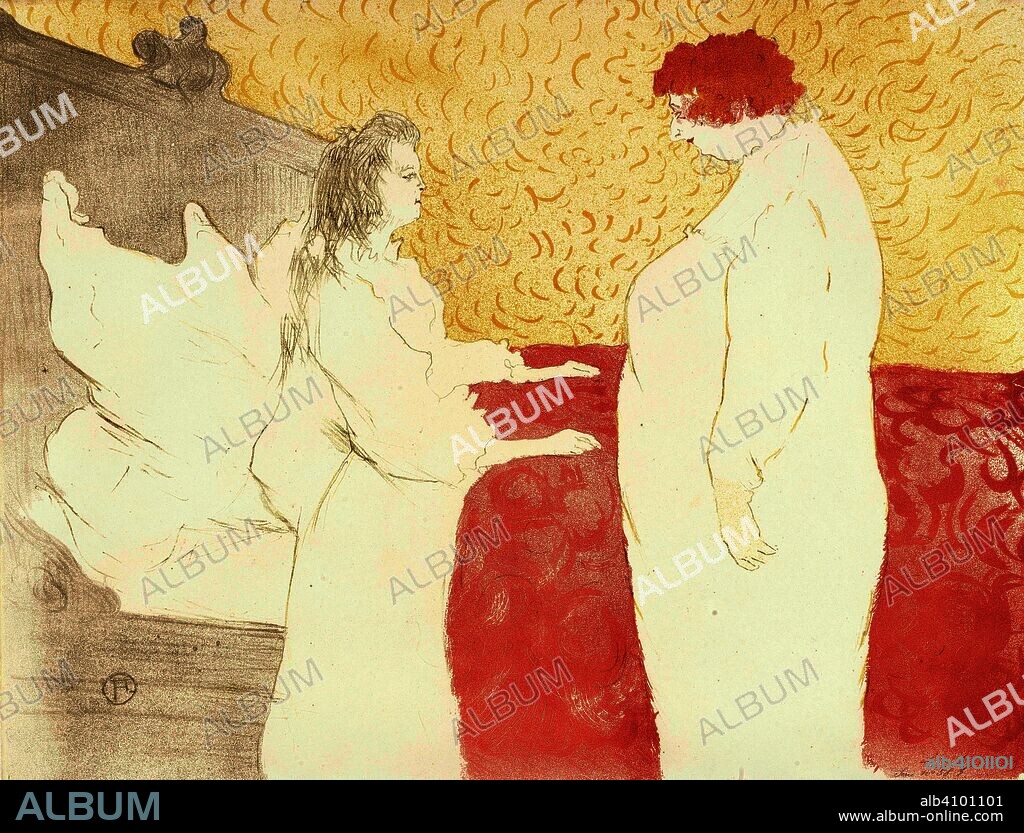 HENRI DE TOULOUSE-LAUTREC. Woman in Bed, Profile, About to Get Up (Femme au lit, profil, au petit lever) from the series Elles. Dimensions: 40.5 cm x 52.3 cm, 40 cm x 52.1 cm.