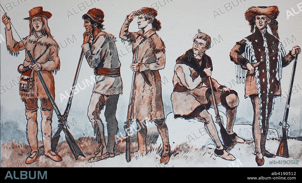 Fashion, clothing in North America, end of the 18th - 19th century, Trapper in their leather and fur suits, right Captain Meriwether Lewis 1805, digital improved reproduction from an original from the year 1900.