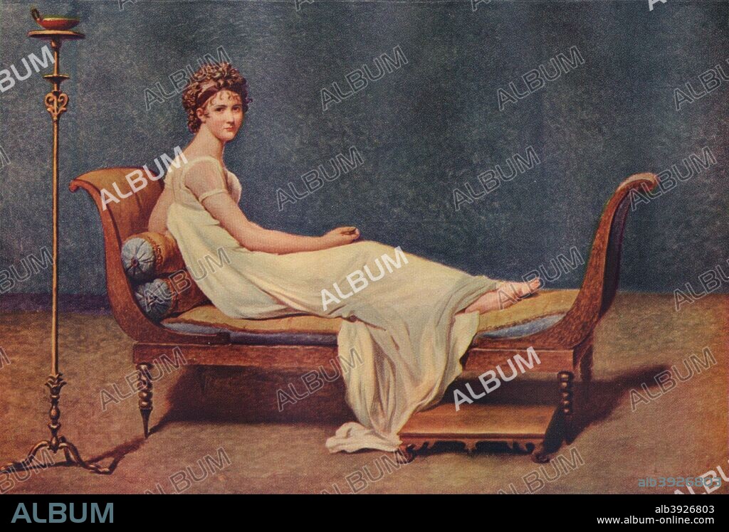 Portrait of Madame Recamier, 1800. Jeanne Francoise Julie Adelaide Recamier (1777-1849) was a prominent figure in French literary and political circles in the early 19th century. After an oil painting by Jacques-Louis David (1748-1825). From A History of Painting Vol. VI [T. C. and E. C. Jack, London & Edinburgh, 1911].