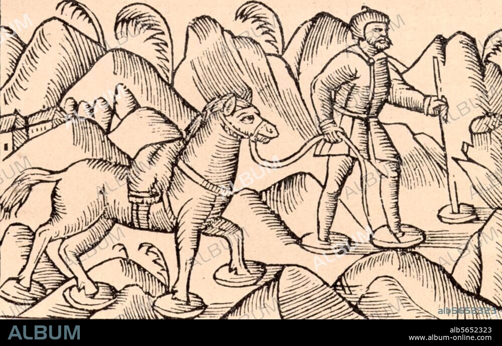 ANONYM. Völkerkunde:. Lappland. Gebirgsübergang auf Schneeschuhen. Holzschnitt. Aus: Olaus Magnus, Historia de gentibus septentrionalibus (...), Rom (J.Maria de Virottis) 1555.