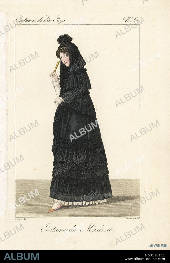 Woman of Madrid, Spain, 19th century. She wears the traditional black mantilla veil and basquina dress over a white petticoat and carries a fan. Handcoloured copperplate engraving by Georges Jacques Gatine after an illustration by Louis Marie Lante from Costumes of Various Countries, Costumes de Divers Pays, Paris, 1827.