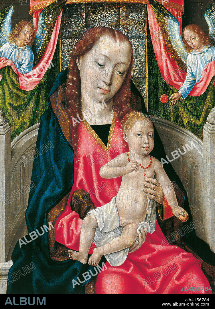 Maestro de la Leyenda de santa Úrsula (Activo en Brujas hacia 1470 - 1500). La Virgen con el Niño y dos ángeles (hacia 1480). Óleo sobre tabla. 36,6 x 27 cm.