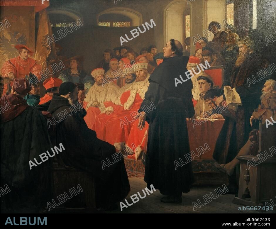 Luther, Martin; Reformer; 1483-1546. "Luther at the Diet of Worms". (Before Emperor Charles V and the Princes, 17 and 18 April 1521). Painting, 1872, by Paul Thumann (1834-1908). Oil on canvas, 121 × 155cm. Eisenach, Wartburg.