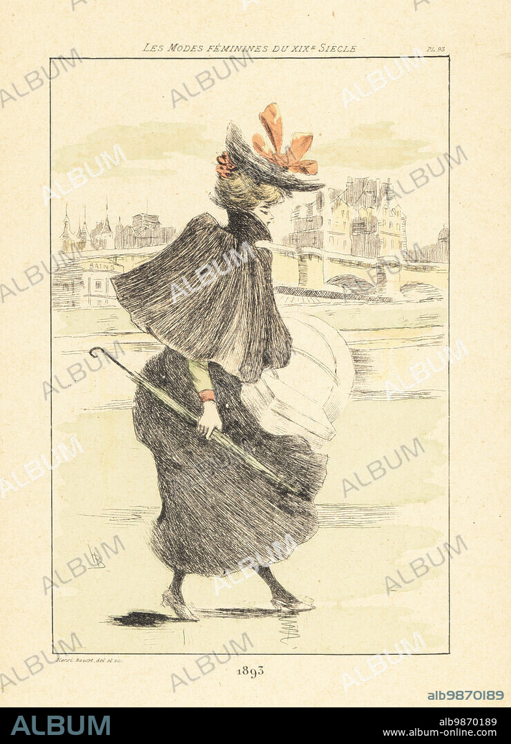 Fashionable woman promenading on the banks of the Seine, in front of the Bains de la Samaritaine, Paris, 1893. The hot baths were built in 1761 near Pont Neuf and sank in a flood in 1919. She wears a hat, high-collar cape, dress, holding a parasol and hat boxes. Handcoloured drypoint or pointe-seche etching by Henri Boutet from Les Modes Feminines du XIXeme Siecle (Female Fashions of the 19th Century), Ernest Flammarion, Paris, 1902. Boutet (1851-1919) was a French artist, engraver, lithographer and designer.