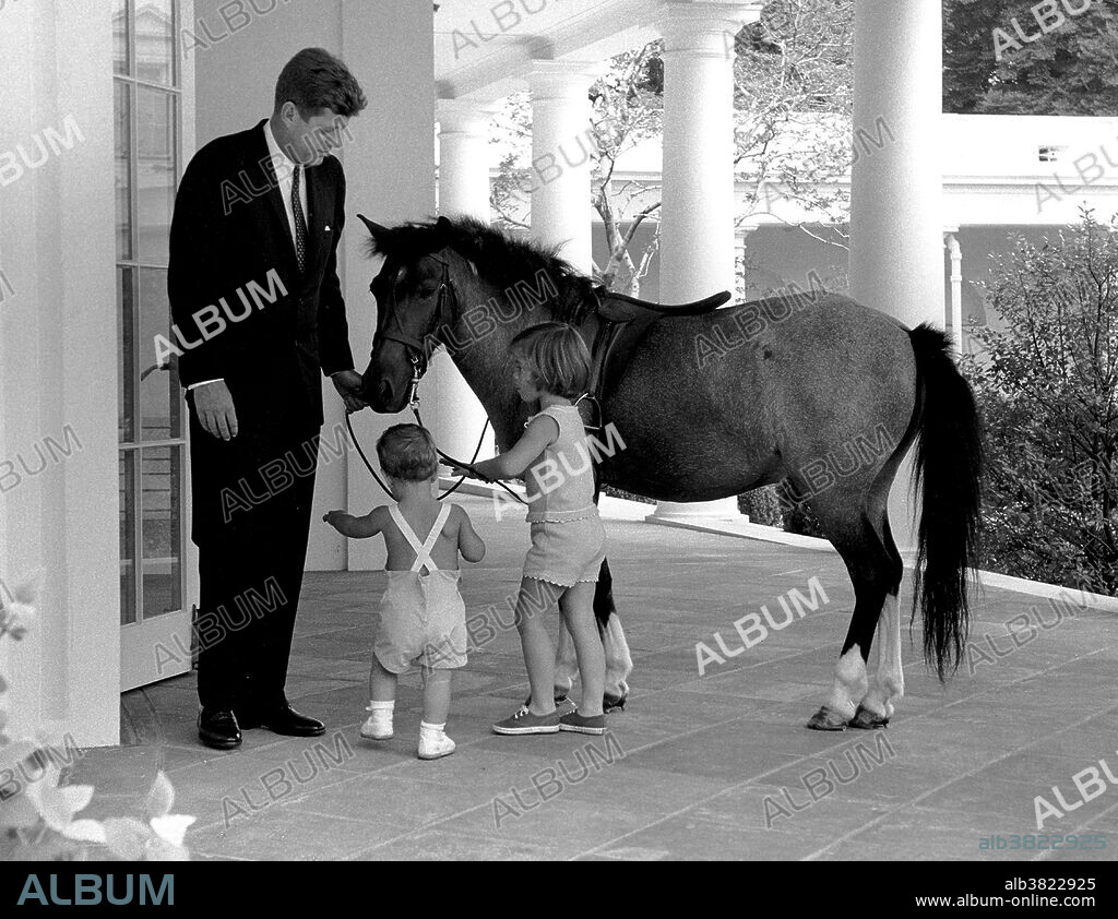 President Kennedy visits with his Children, John F. Kennedy Jr. and Caroline Kennedy, and pony Macaroni, White House, West Wing Colonnade, June 22, 1962. A gift to Caroline Kennedy, from Vice-President Johnson, Macaroni became quite a celebrity, appearing with the young girl on the cover of Life magazine and getting thousands of his own fan letters. Macaroni was usually stabled in Virginia, at the Kennedys' country home, but was frequently brought in on a horse trailer and freely roamed the White House grounds. Described by the JFK Library as a "10-year-old gelding, part Shetland, roan with four white stockings and star.".