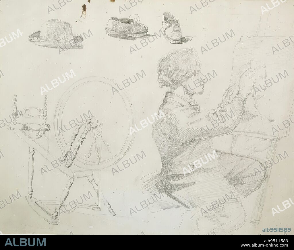 Karl Emanuel Jansson, 7.7.1846, Pålsböle Finström, Åland, 1.6.1874, Jomala Manor, Åland, Exercises of a draughtsman in front of a easel, a rye, a hat and a pair of shoes, 22 × 27 cm, pencil.