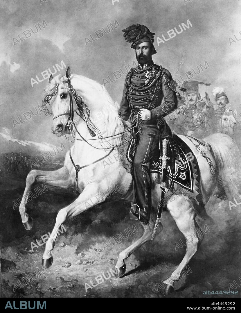 Carl Frederik Kiörboe, King Charles XV, Per Filip Jakob Waloddi Fischerström and Didrik Anders Gillis Bildt, King Charles XV of Sweden on Horseback, Karl XV, 1826-1872, King of Sweden, to horse, painting, equestrian portrait, Charles XV of Sweden, 1860, Oil on canvas, Height, 285 cm (112.2 inches), Width, 228 cm (89.7 inches), Signed, Kiörboe.