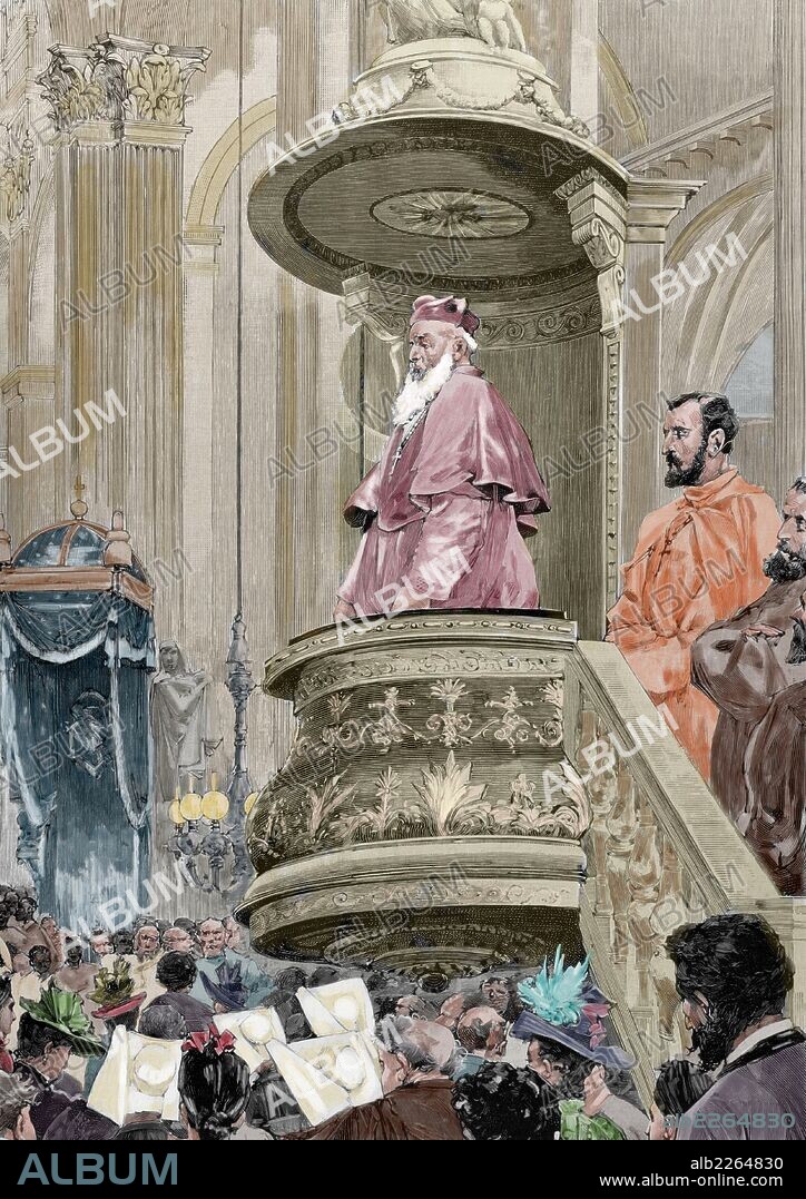 CHARLES MARTIAL LAVIGERIE (1825-1892). Misionero y cardenal católico francés. Luchó contra la esclavitud en Africa y en 1888 creó la Sociedad Antiesclavista. "Congreso antiesclavista" por Charles Martial Lavigerie, en la iglesia del San Sulpicio. Grabado por H. Thiriat. "La Ilustración Española y Americana", 1890. Coloreado.