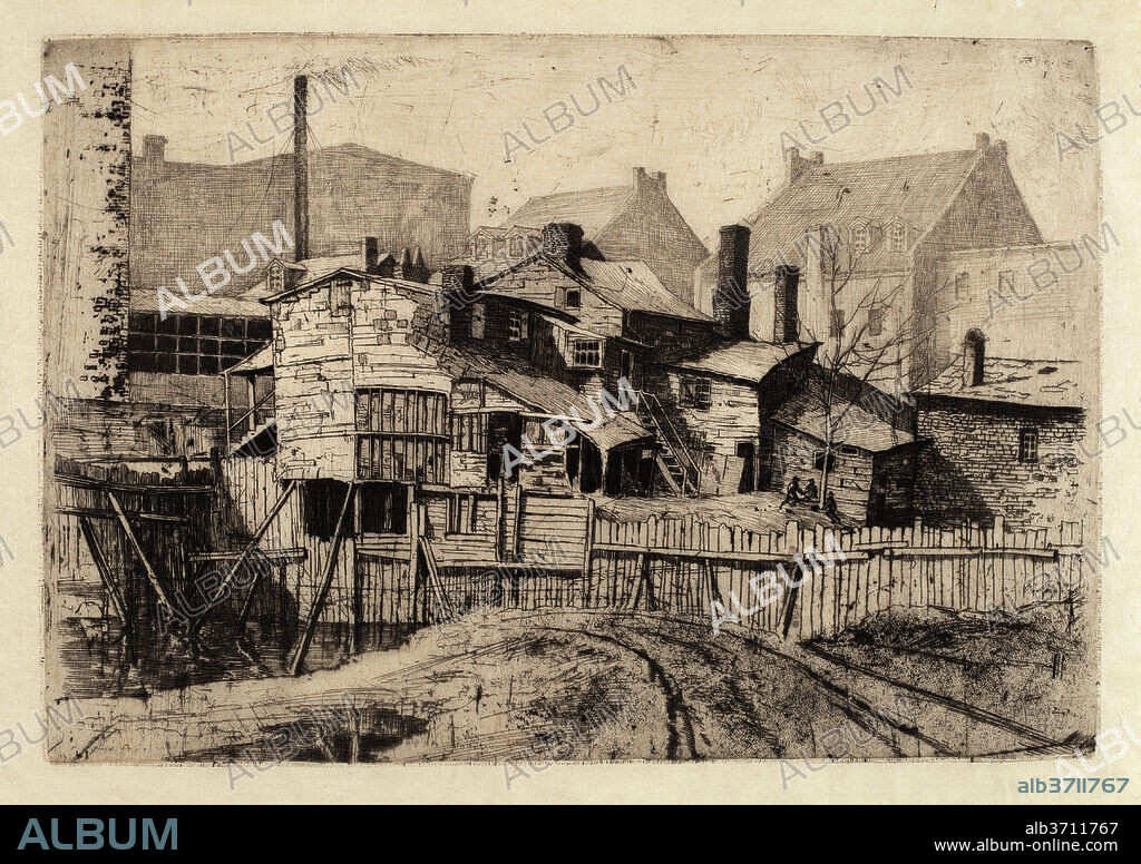 CHARLES FREDERICK WILLIAM MIELATZ. Untitled (Wooden House in City). Dated: 1880s. Dimensions: image: 207 x 302 mm  sheet:  326 x 449 mm. Medium: etching.