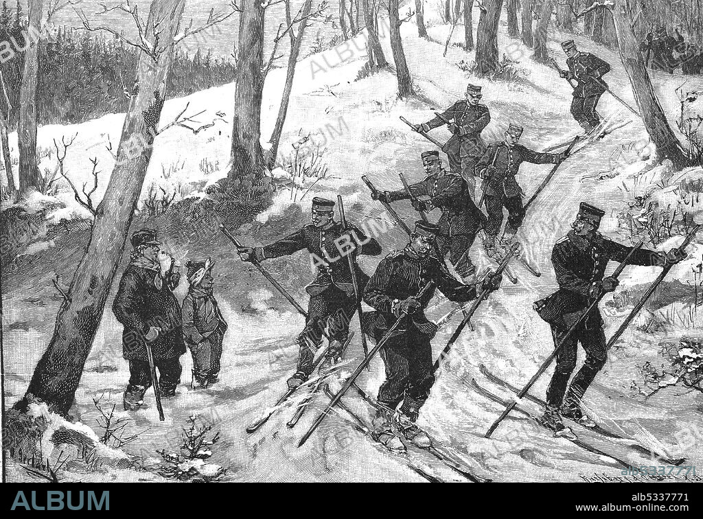 Military exercise on ski, soldiers, Germany, illustration from 1880  /  Militärische Übung auf Ski, Soldaten, Deutschland, Illustration von 1880, Historisch, historical, digital improved reproduction of an original from the 19th century / digitale Reproduktion einer Originalvorlage aus dem 19. Jahrhundert,.