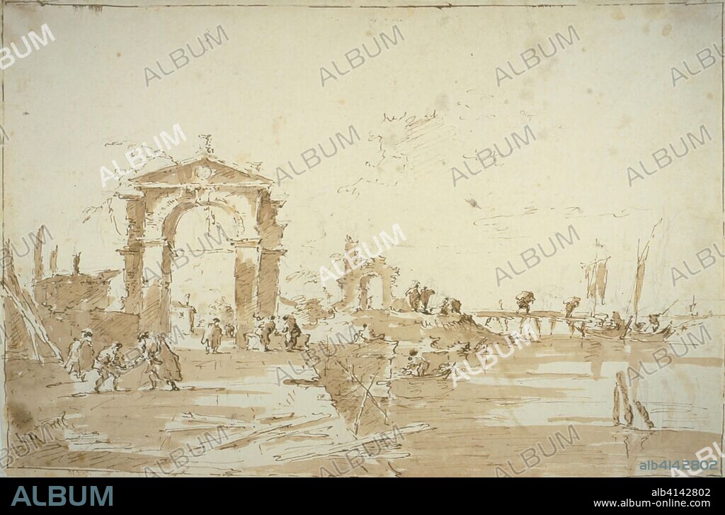 Gateway Near a Landing Bridge. Francesco Guardi; Italian, 1712-1793. Date: 1780-1785. Dimensions: 304 x 456 mm. Pen and brown ink and brush and brown wash, over black chalk, on ivory laid paper. Origin: Italy.