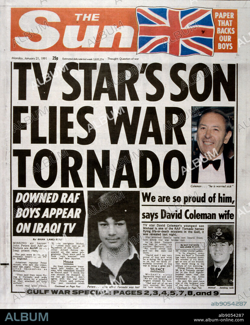 Headline in 'The Sun' a British tabloid newspaper, 21st January 1991, concerning British RAF pilots during the Gulf War (2 August 1990 28 February 1991). It depicts John Peters a captured RAF pilot and Michael Coleman the pilot son of a famous broadcaster, David Coleman.