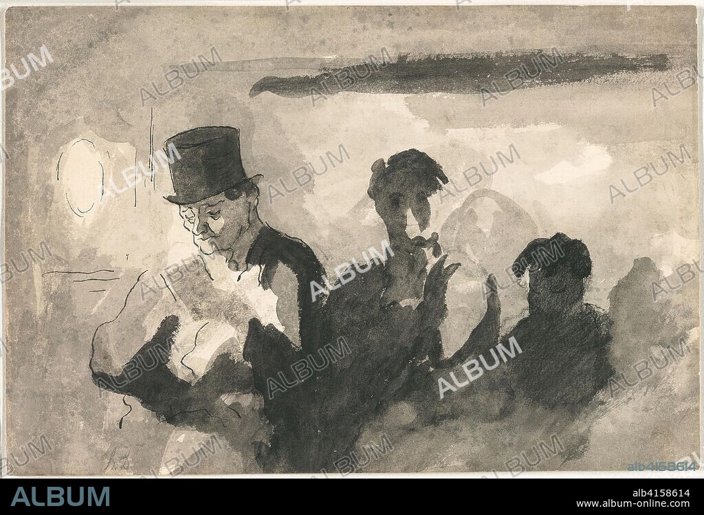 HONORE DAUMIER. Third Class Carriage. Honoré Victorin Daumier; French, 1808-1879. Date: 1864. Dimensions: 215 × 321 mm. Brush and black ink and gray wash, black chalk and black chalk wash, with spattered gray gouache, pen and black ink, on cream wove paper. Origin: France.