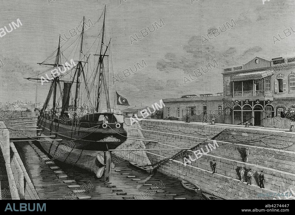 Egipto. Suez. Dique de Carenas o dique seco, construido por el gobierno egipcio. Dibujo por A. de Caula. Grabado. La Ilustración Española y Americana, 8 de agosto de 1882.