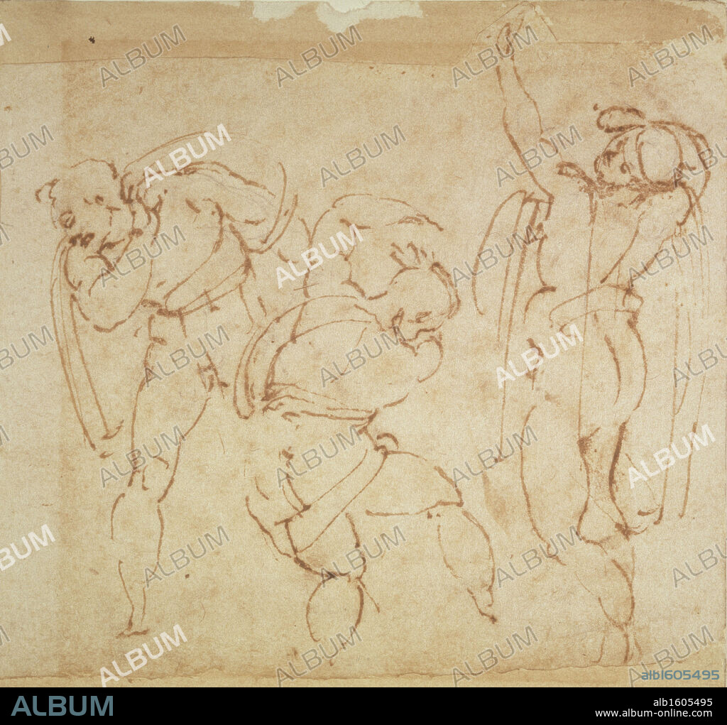 MIGUEL ANGEL. Figure Sketches  Michelangelo Buonarroti (1475-1564 Italian)  Galleria Degli Uffizi, Florence, Italy.